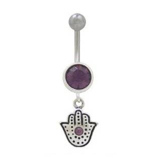 Hand of Fatima   Hamsa Hand Dangle Belly Ring with Purple Jewel