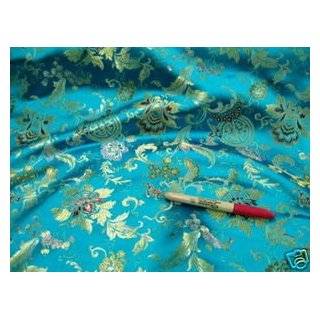 Fabric Faux Silk Satin Oriental Brocade Aqua Blue CT16 By Yard,1/2 