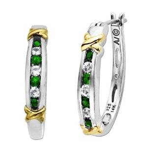  14k Solid Gold Emeralds & White Topaz Huggie Earrings 