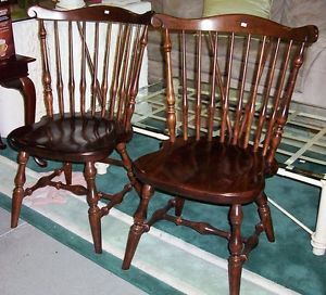 Pair Vintage Ethan Allen Dark Spindle Back Solid Wood Dining Chairs VGC