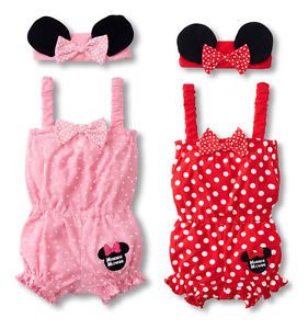 Baby Girl Minnie Mouse Polka Dots All in One Jumpsuit 2 Pcs Set Headband 3M 24M