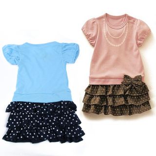 Girls Necklace Pattern Skirt Bow Knot Ruffled Kids One Piece Dress Costume 1 6Y