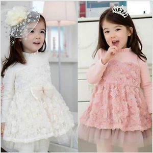 1pc Lace Rose Long Sleeve Kids Baby Girls Kids Party Formal Dress Outfit Clothes