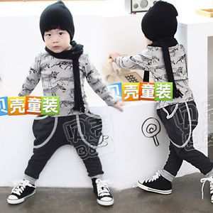 Cute 2pcs Set Baby Boys Kids Grey Zebra Printed T Shirt Black Pants Pockets 1G2