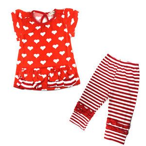 Kids Baby Girls 2pcs Top Pants Outfits Costume Red Hearts Striped Clothes 0 3Y