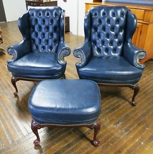 Leather Pair Hancock and Moore Cromwell Tufted Wing Chairs Ottoman Excellent