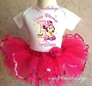 Baby Minnie Mouse Birthday Girl 1st Shirt Pink Tutu Set Outfit 6 9 12 18 Months