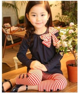 2pcs Girls Toddler Kids Clothes Striped Bow Shirt Leggings Kids Sets Suits 2 7Y