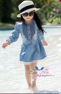Kids Clothing Cute Girls Dresses Classical Jean Style Lace Borders Dress AGE2 7Y