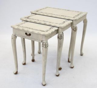 Nest of Tables Carved Solid Wood Painted Shabby Chic Moroccan Vintage