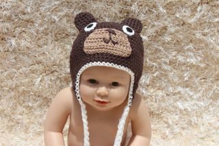 Cute Handmade Cotton Brown Teddy Bear Baby Knit Crochet Hat Newborn Photo Prop