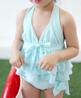 Vintage Inspired Light Blue Baby Girl Swimsuit Set Top Bikini Infant Swimwear