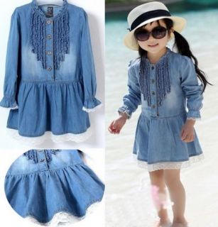 Girls Kids Baby Top Dress Jean Skirt 6 7Y Denim Cowboy Blue Flower Lace Clothing