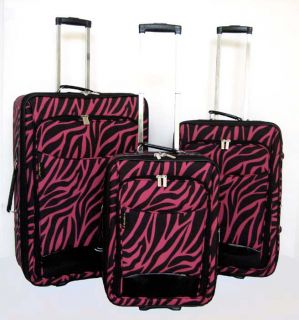 3 Piece Luggage Set Travel Bag Rolling Wheel Pink Zebra
